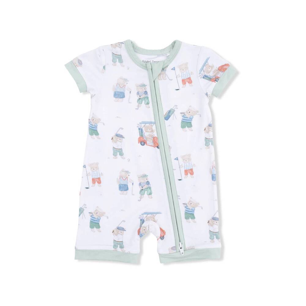 NEW ANGEL DEAR boys shortie 2 way zipper romper in golfing teddy bears